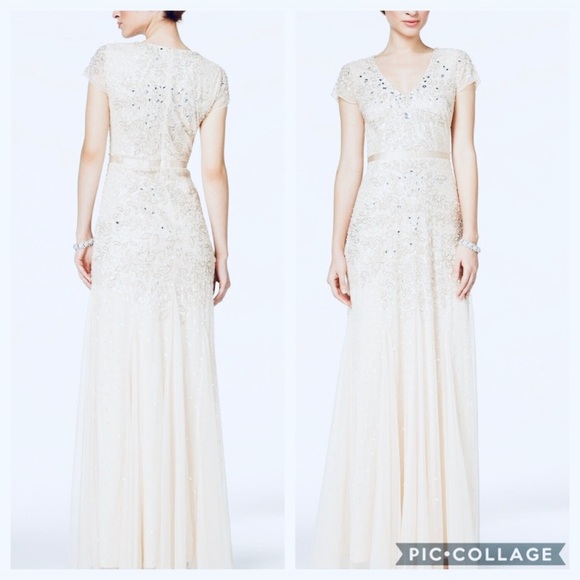 Adrianna Papell beaded cap sleeves white long dress - Picture 2 of 5